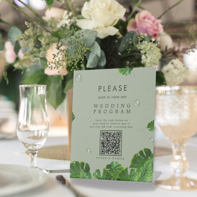 Wild Tropical Palm Leaves QR Code Wedding Program Pedestal Sign (Creator Uploaded)