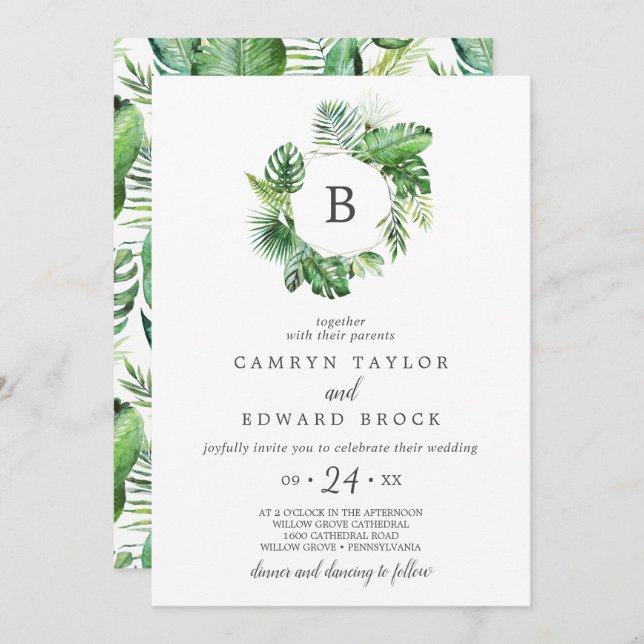 Wild Tropical Palm Monogram Wedding Invitation (Front/Back)