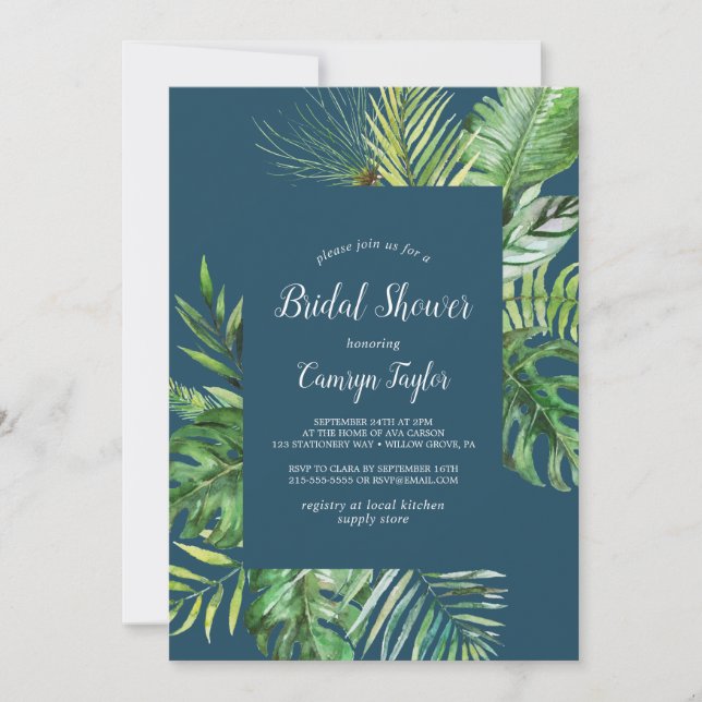 Wild Tropical Palm | Navy Blue Bridal Shower Invitation (Front)