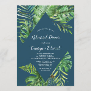Wild Tropical Palm Navy Blue Rehearsal Dinner Invitation