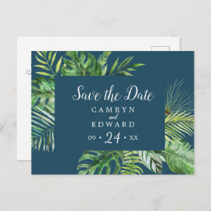 Wild Tropical Palm   Navy Save the Date Postcard