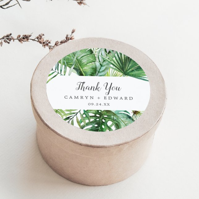 Wild Tropical Palm Thank You Wedding Favour Sticke Classic Round Sticker (Creator Uploaded)