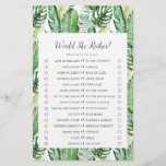 Wild Tropical Palm Would She Rather Game Flyer<br><div class="desc">This wild tropical palm would she rather game is perfect for a beach theme wedding shower. The design features an exotic array of green watercolor banana palm tree leaves, ferns, foliage, botanical plants and greenery for a tropical summer feel. Personalize the back of the card with the name of the...</div>