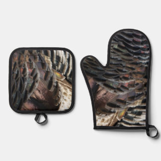 Wild Turkey Feathers I Abstract Nature Design Oven Mitt & Pot Holder Set