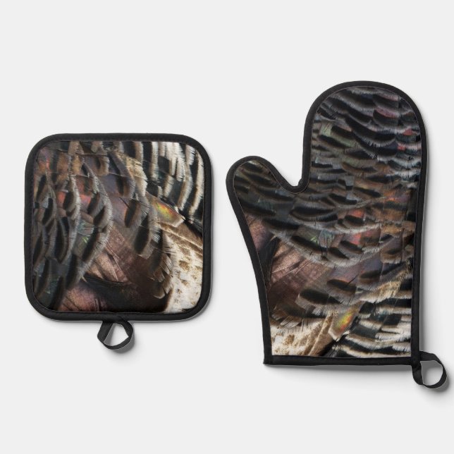 Wild Turkey Feathers I Abstract Nature Design Oven Mitt & Pot Holder Set (Front)