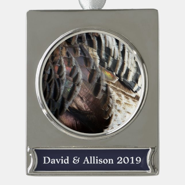 Wild Turkey Feathers I Abstract Nature Design Silver Plated Banner Ornament (Front)