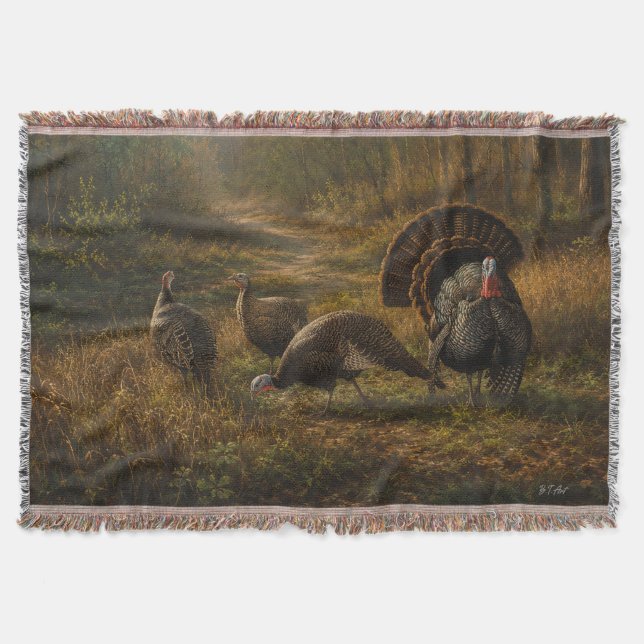 Wild Turkeys in the Autumn Forest Throw Blanket (Front)