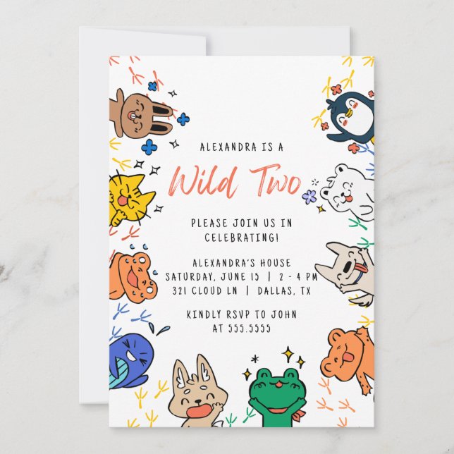 Wild Two Cute Animals 1st Birthday Kids Invitation (Front)