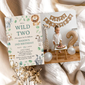 Wild Two Jungle Safari Animals Birthday Photo Invitation