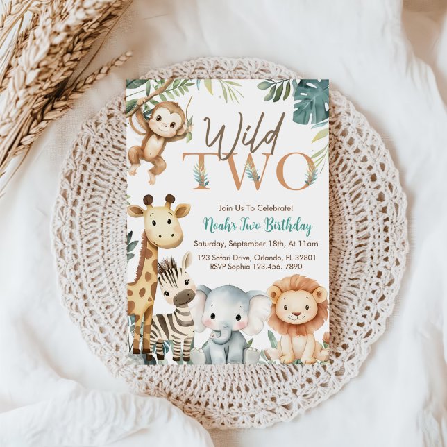 Wild Two Safari Animals Boy Birthday Party Invitation (Creator Uploaded)