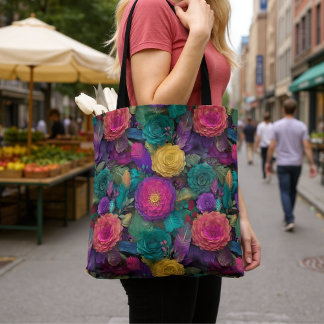 Wild Vibrant Floral Blooms and Feathers Tote