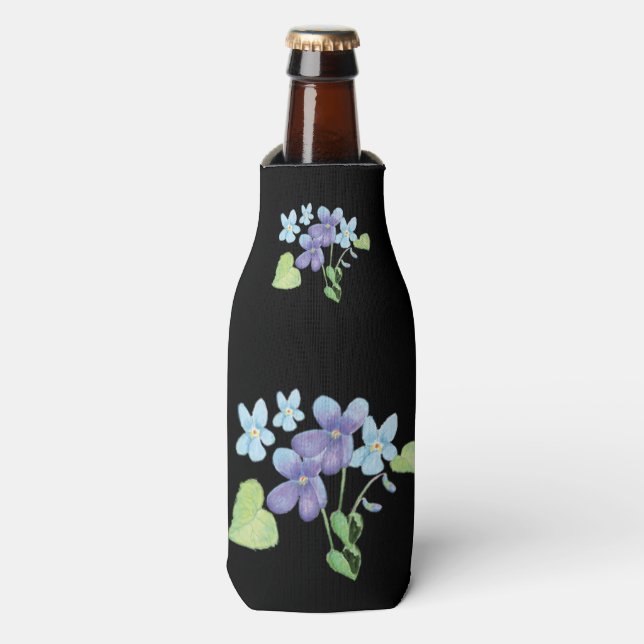 Wild Violet Flowers Illustration Black Bottle Cooler (Bottle Front)