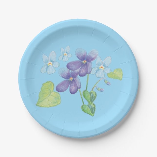 Wild Violet Flowers Illustration Light Blue Paper Plate (Front)