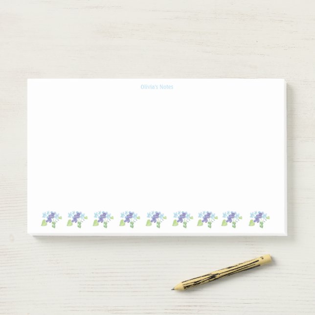 Wild Violets are Blue & Purple Personalised Post-it Notes (On Desk)