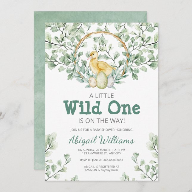 Wild Watercolor Greenery Chick & Nest Baby Shower Invitation (Front/Back)