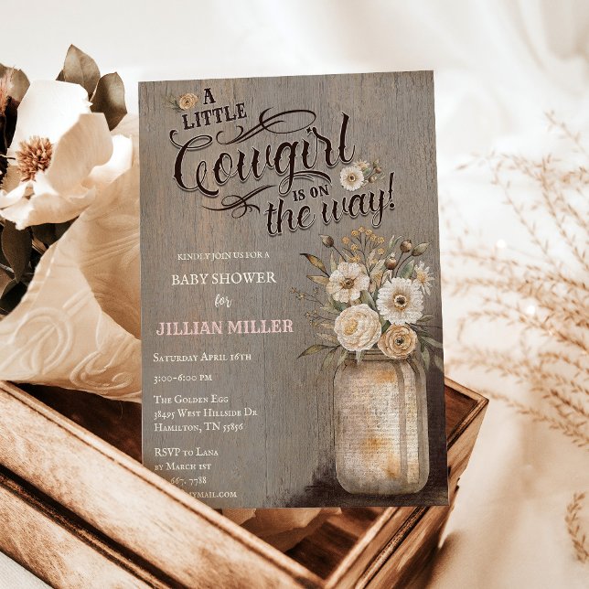 Wild West Baby Shower Cowgirl Boots Invitation (A little cowgirl is on the way with floral mason jar vintage distressed wood invitation)