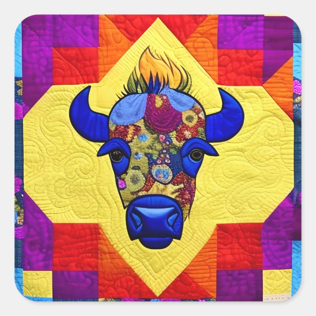 Wild West Bison Quilt Like Design Square Sticker (Front)
