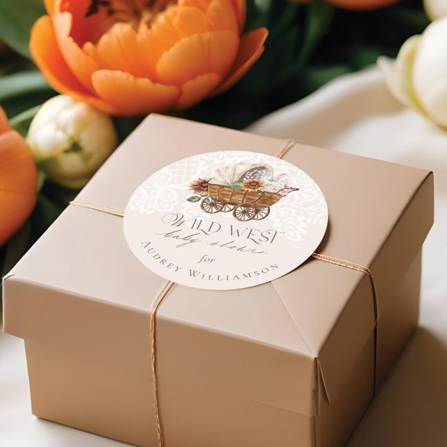 Wild West Country Western Floral Wagon Baby Shower Classic Round Sticker (Wild West Country Western Floral Wagon Baby Shower Classic Round Sticker)