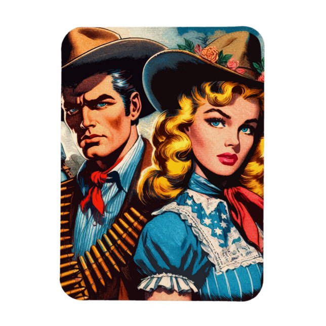 Wild West Couple Retro Comics Magnet (Vertical)