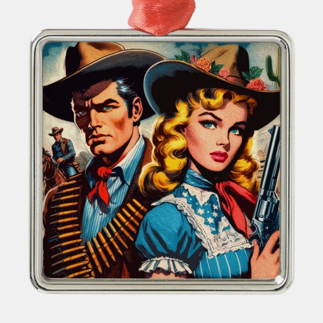 Wild West Couple Retro Comics Metal Tree Decoration (Front)