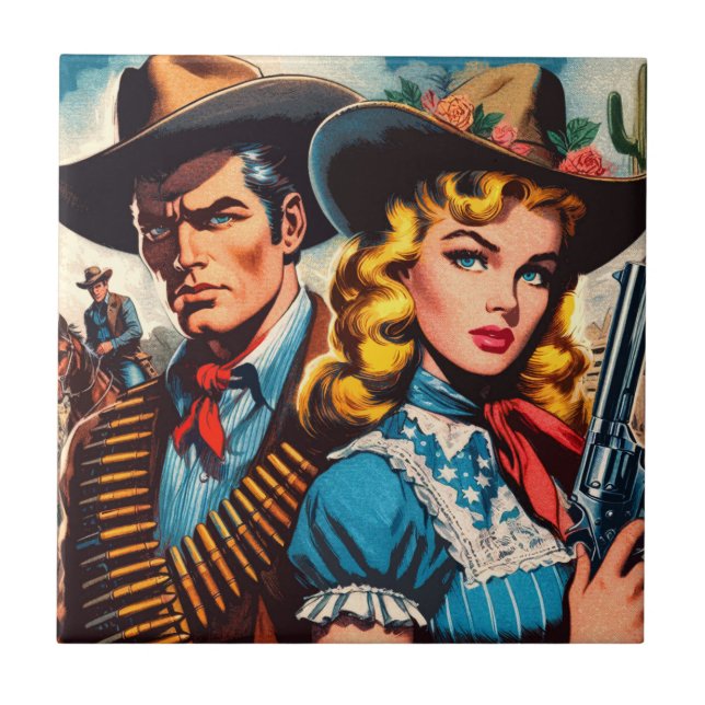 Wild West Couple Retro Comics Tile (Front)