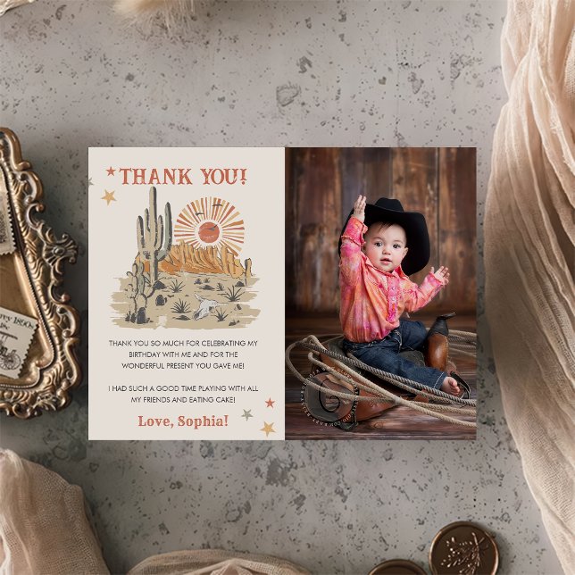 Wild West Cowboy Birthday Party Photo Thank You Card (Creator Uploaded)