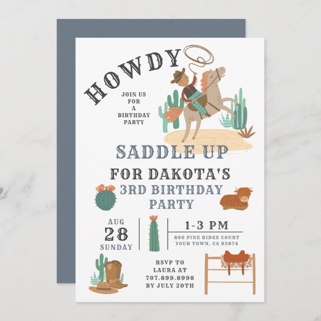 Wild West Cowboy Boy 3rd Birthday Invitation (Front/Back)