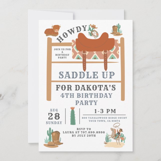 Wild West Cowboy Boy's 4th Birthday Invitation (Front)