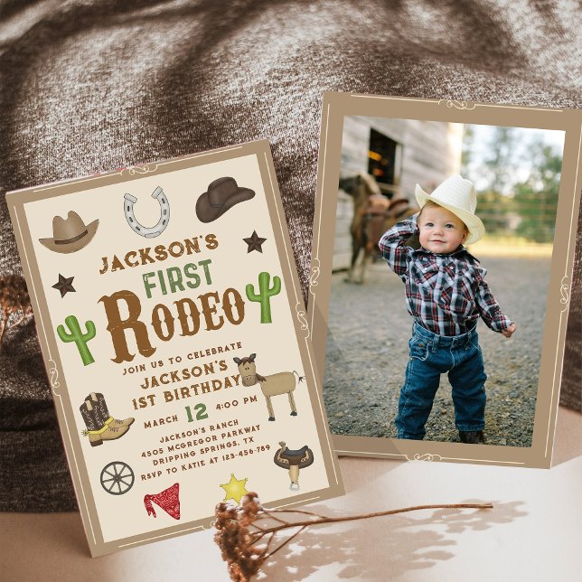 Wild West Cowboy First Rodeo 1st Birthday Photo Invitation (Creator Uploaded)