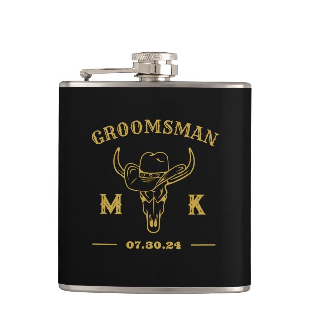 Wild West Cowboy Personalised Groomsmen Monogram Hip Flask (Front)
