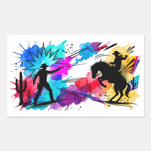 Wild West Cowboys Colourful Watercolor Art Rectangular Sticker (Front)
