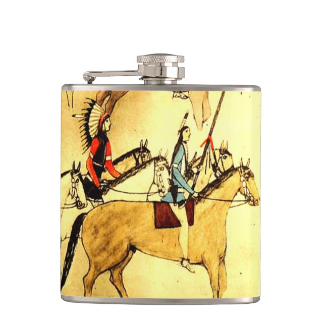 Wild West Indians Horses Native American Folk Art Hip Flask (Front)