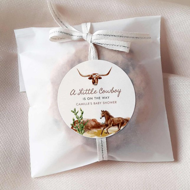 Wild West Little Cowboy Baby Shower Classic Round Sticker (A little Cowboy Baby Shower Favor Sticker)