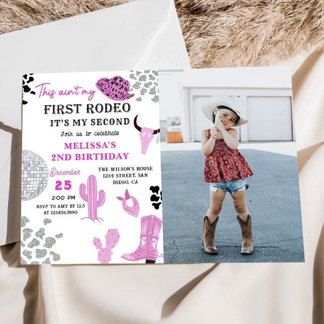 Wild West Rodeo Disco Cowgirl 2nd Birthday Photo Invitation (Creator Uploaded)