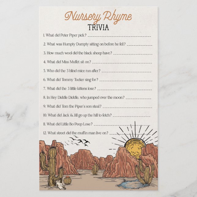 Wild West Rodeo nursery rhyme trivia baby shower (Front)