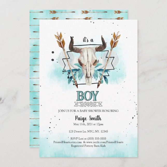 Wild West | Rustic Skull & Arrows Boy Baby Shower Invitation (Front/Back)