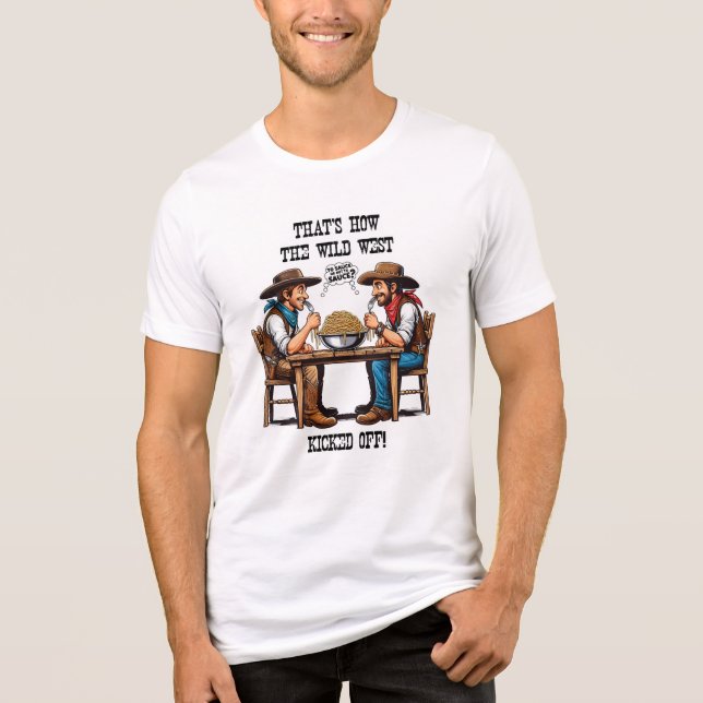 Wild West Spaghetti Duel | Funny Cowboy Food Art Tri-Blend Shirt (Front)