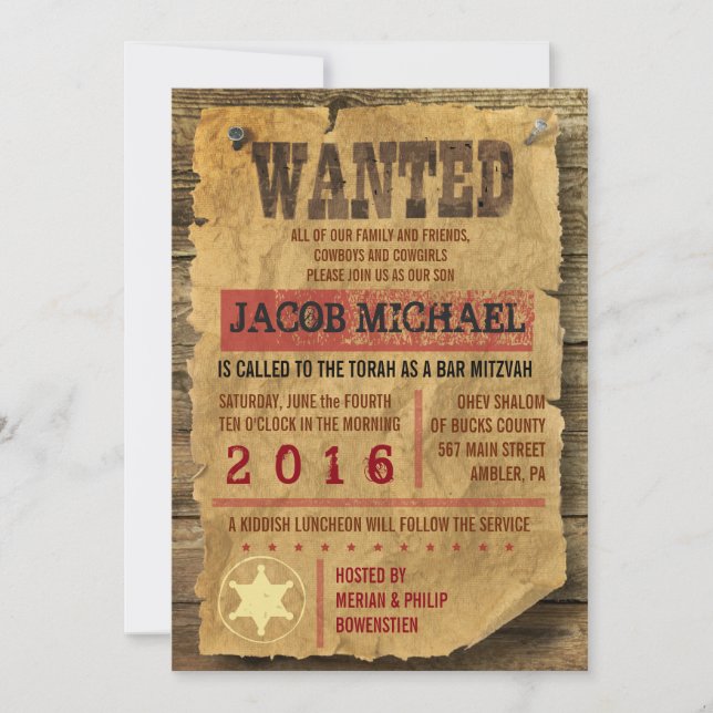 WILD WEST WANTED Bar Bat Mitzvah Invitation (Front)