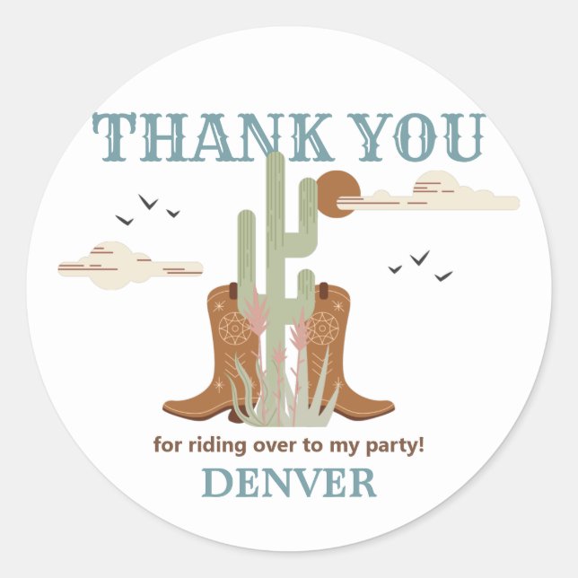 Wild West Western Cowboy Birthday Party Thank You Classic Round Sticker (Front)