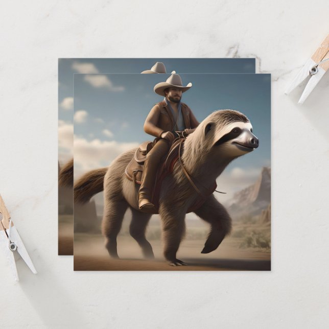 "Wild West Wonders: Cowboy Riding a Sloth Horse" Invitation (Front/Back In Situ)