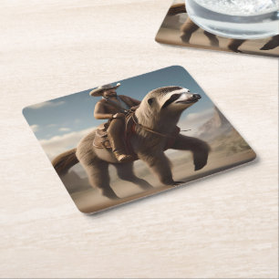 "Wild West Wonders: Cowboy Riding a Sloth Horse" Square Paper Coaster