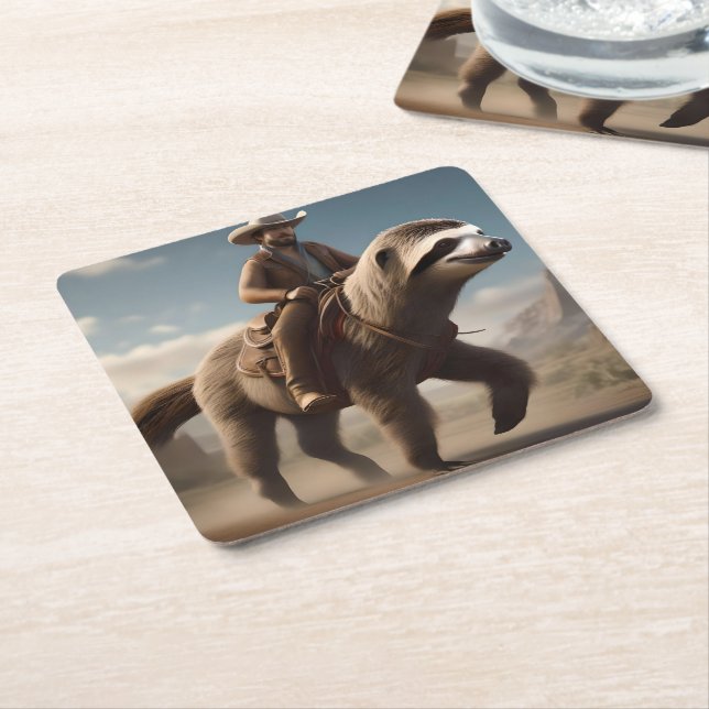 "Wild West Wonders: Cowboy Riding a Sloth Horse" Square Paper Coaster (Angled)