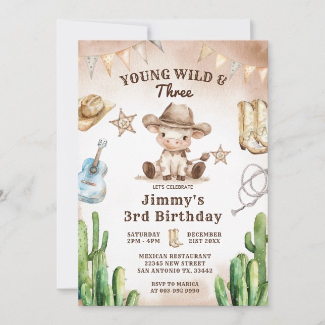 Wild West Young Wild & Three Cowboy Birthday  Invitation (Front)