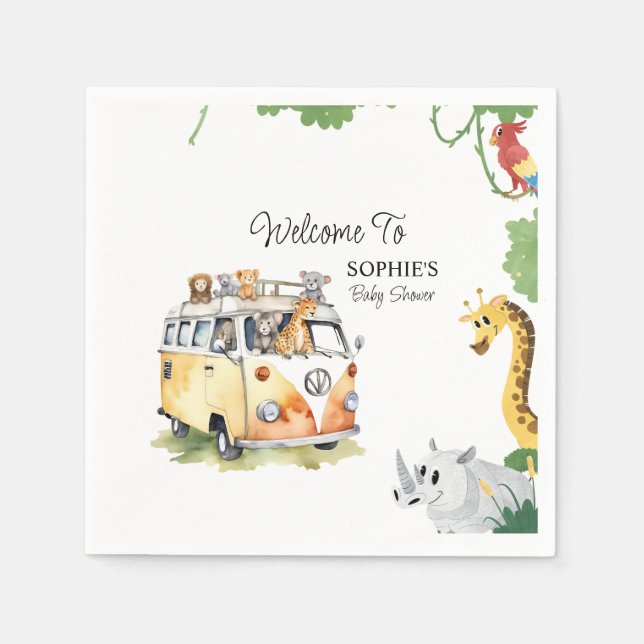 Wild Wheels Safari Animal Baby Shower Camper Van Napkin (Front)