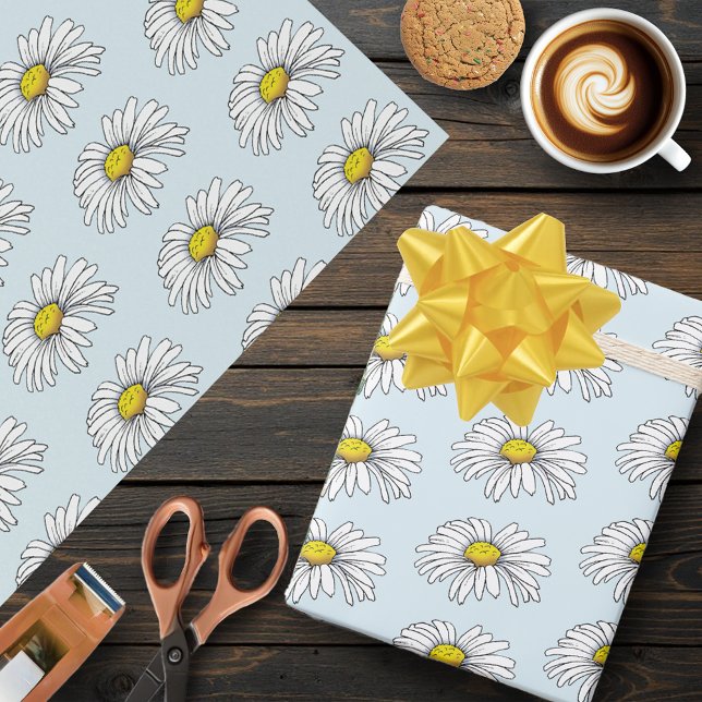 Wild White Daisy Blue Wrapping Paper (Creator Uploaded)