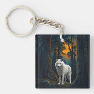 Wild White Wolf Under Moonlight Forest Animal Key Ring