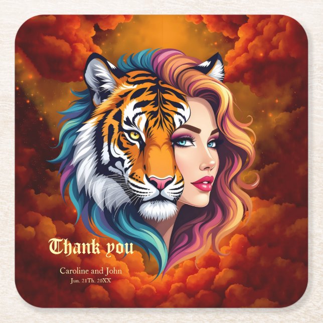 Wild Within – Tiger Spirit Goddess.  Square Paper Coaster (Front)