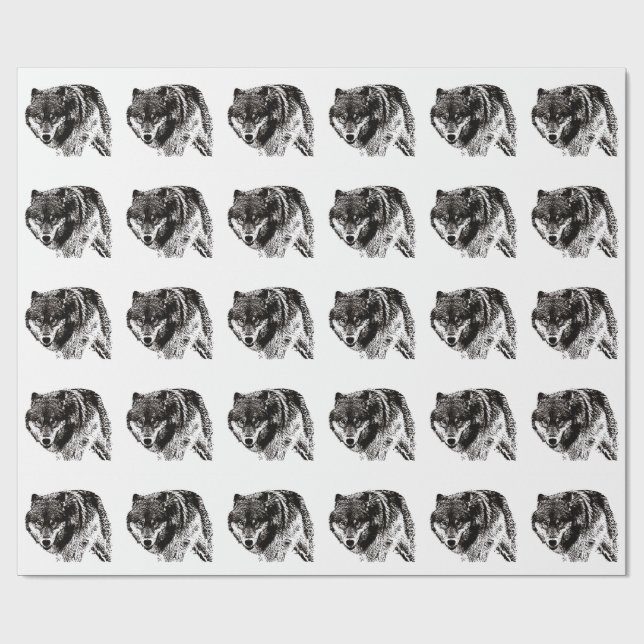Wild Wolf Black & White Artwork Wrapping Paper (Flat)
