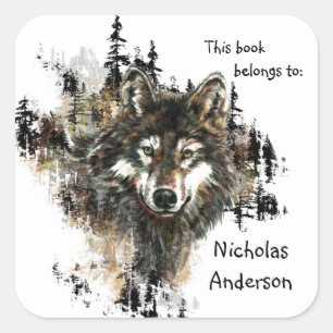 Wild Wolf Mountain Art Custom Bookplate art Square Sticker