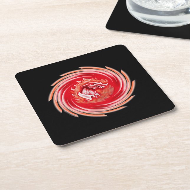 Wild Wolf Whirling black paper drink coasters (Angled)